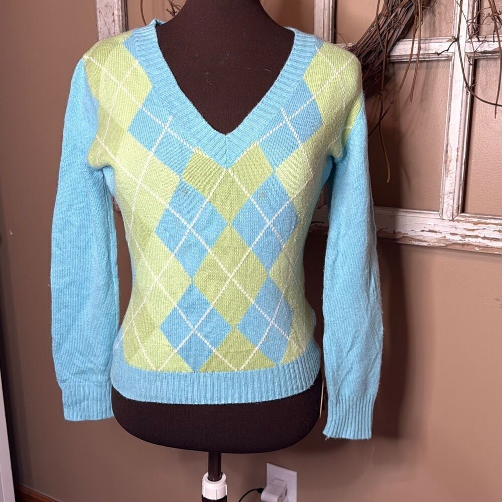 Lilly Pulitzer cashmere spandex argyle sweater size medium blue green small stai